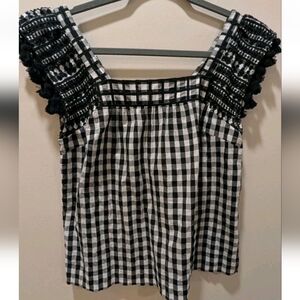 J CREW G6716 Black White Gingham Eyelet Tassel Trim Blouse Size 2